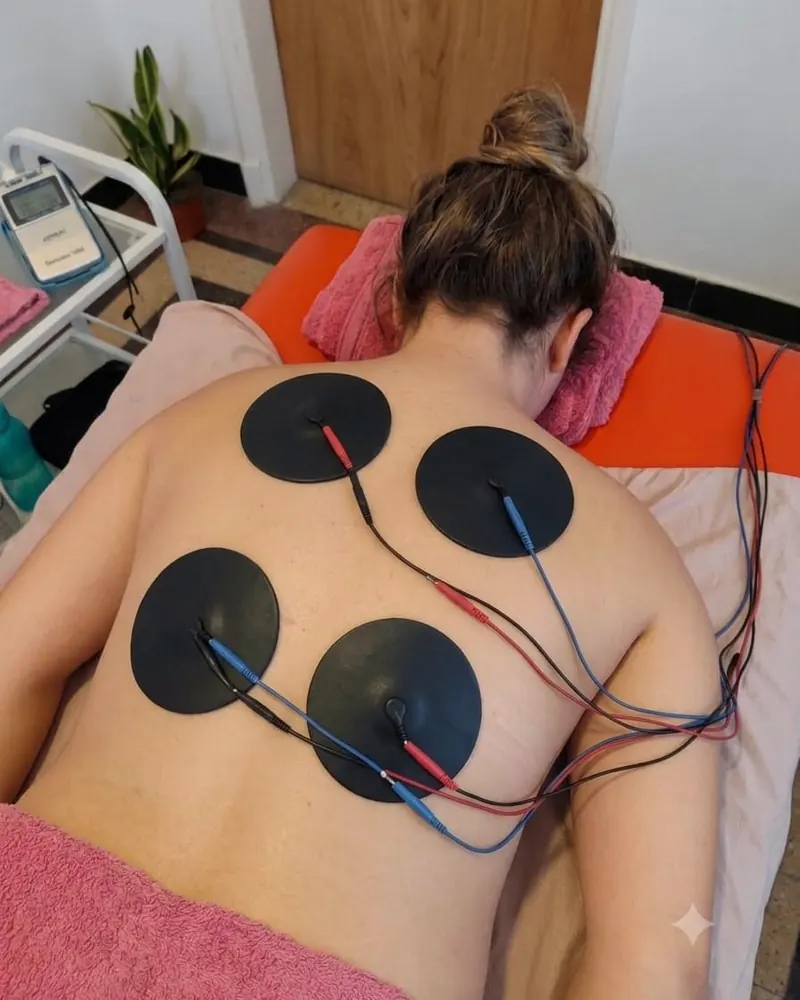 Terapeuta colocando parches de electrodos sobre la espalda para una sesión de electroestimulación
