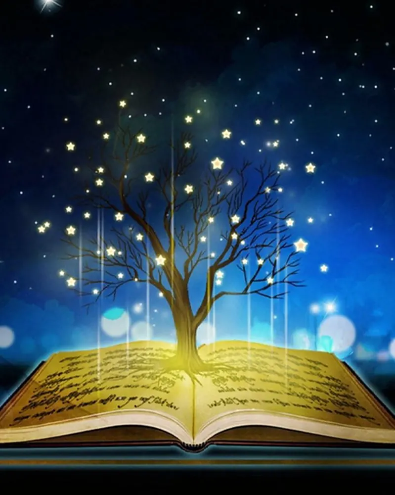 Ilustración de un libro abierto con un árbol de luz y estrellas, símbolo de los registros akáshicos