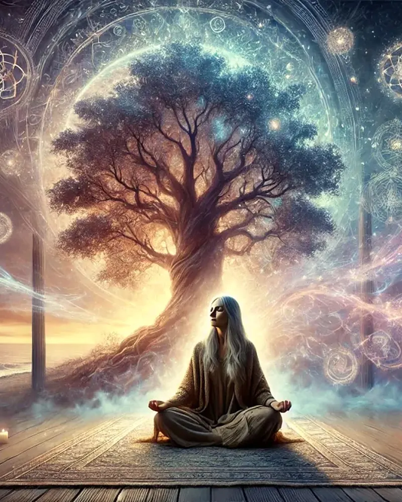 Ilustración de una mujer meditando bajo un árbol de luz, imagen de los talleres holísticos